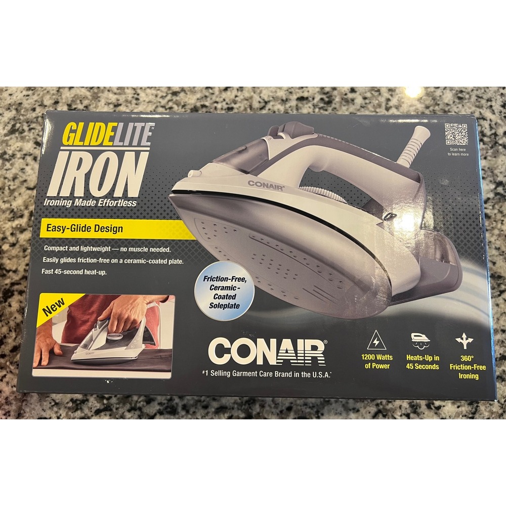 Conair GlideLite Iron GI105 Ceramic Soleplate 1200W Fast Heat Gray White NEW‎